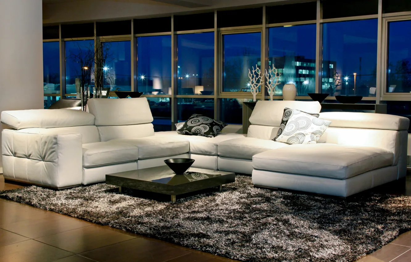 Фото обои белый, ночь, дизайн, стиль, комната, диван, ковер, мебель