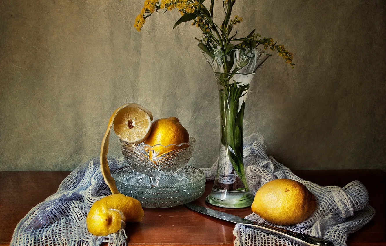 Фото обои букет, нож, ткань, ваза, натюрморт, лимоны