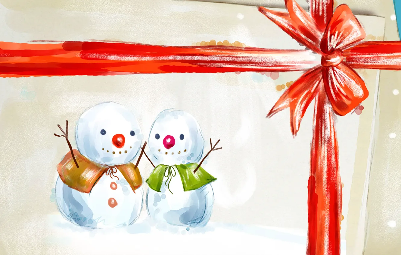 Фото обои подарок, новый год, снеговики
