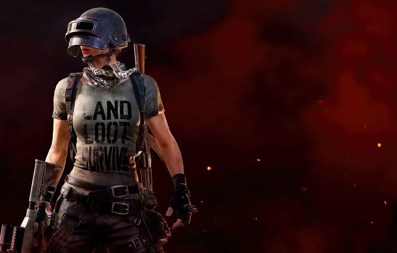Фото обои девушка, фон, футболка, шлем, PlayerUnknown's Battlegrounds