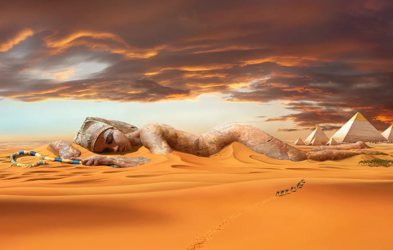 Фото обои песок, пустыня, дюны, статуя, пирамиды, верблюды, караван