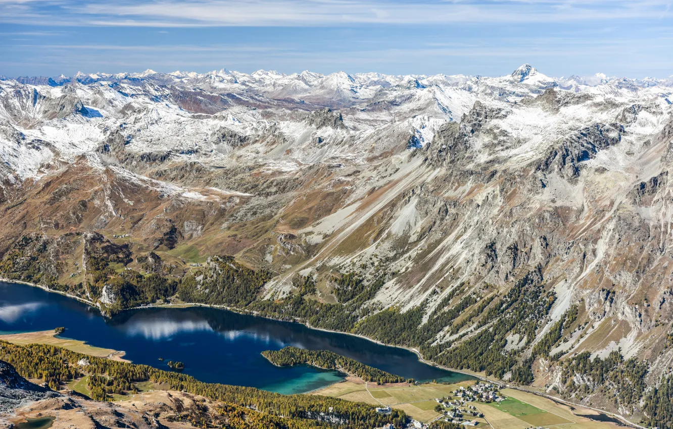 Фото обои деревья, горы, озеро, скалы, поля, Швейцария, Альпы, панорама