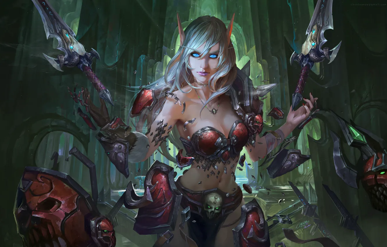 Фото обои девушка, World of Warcraft, эльфийка, фан-арт, Blood Elf, Chen Bo
