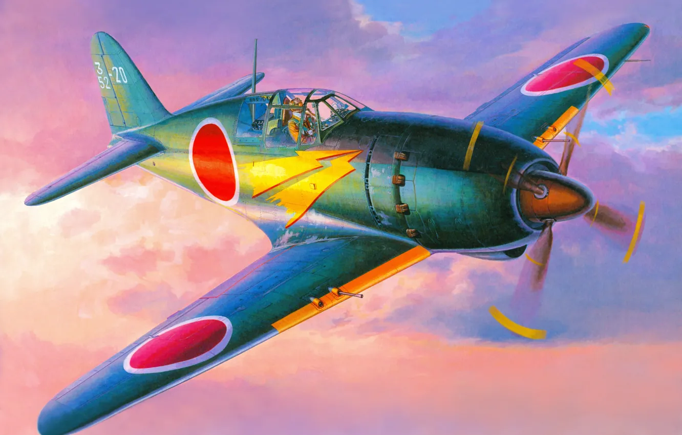 Фото обои небо, рисунок, арт, Mitsubishi, самолёт, Вторая мировая война, японский, истребитель-перехватчик