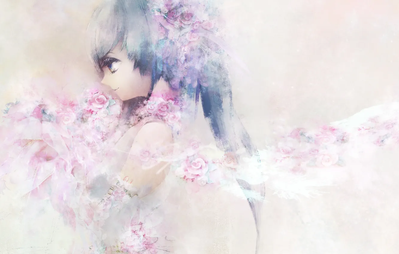 Фото обои девушка, цветы, крылья, арт, Hatsune Miku, Vocaloid, Вокалоид