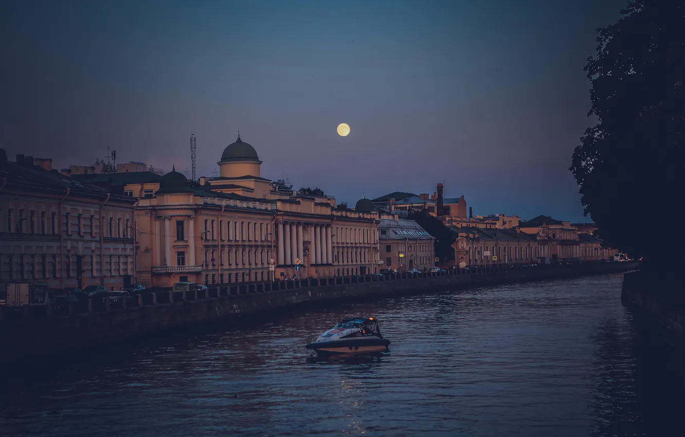 Фото обои река, луна, вечер, Russia, набережная, питер, санкт-петербург, спб