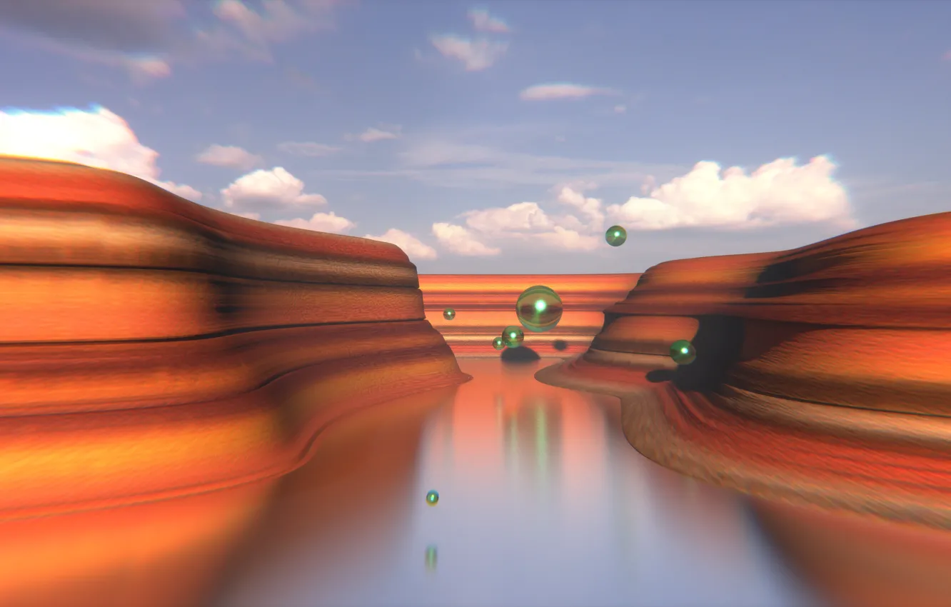 Фото обои ландшафт, каньон, полёт, сферы, blender3d, примитив