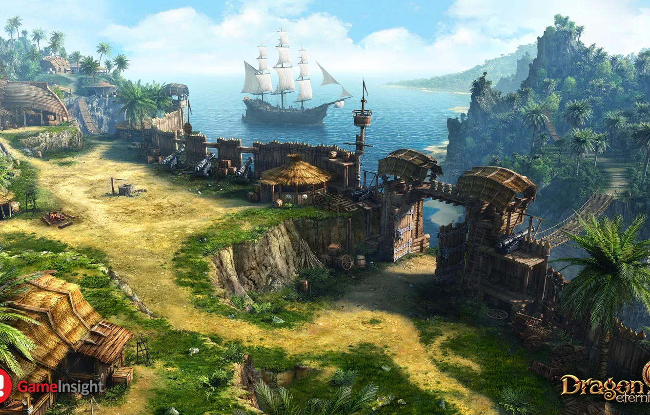 Фото обои море, пальмы, корабль, дома, залив, Dragon Eternity, pirates fort