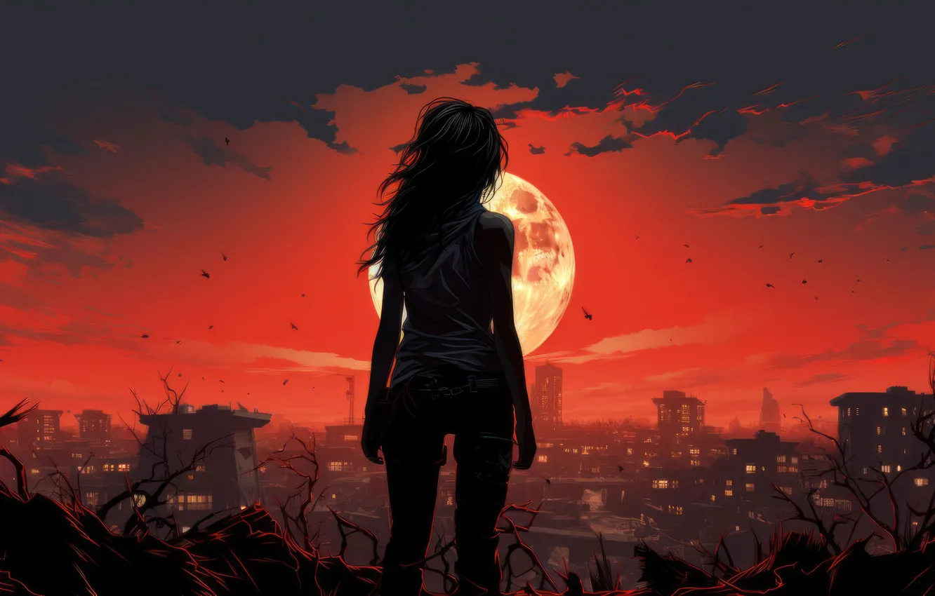 Фото обои girl, anime, sun, ruins, silhouette
