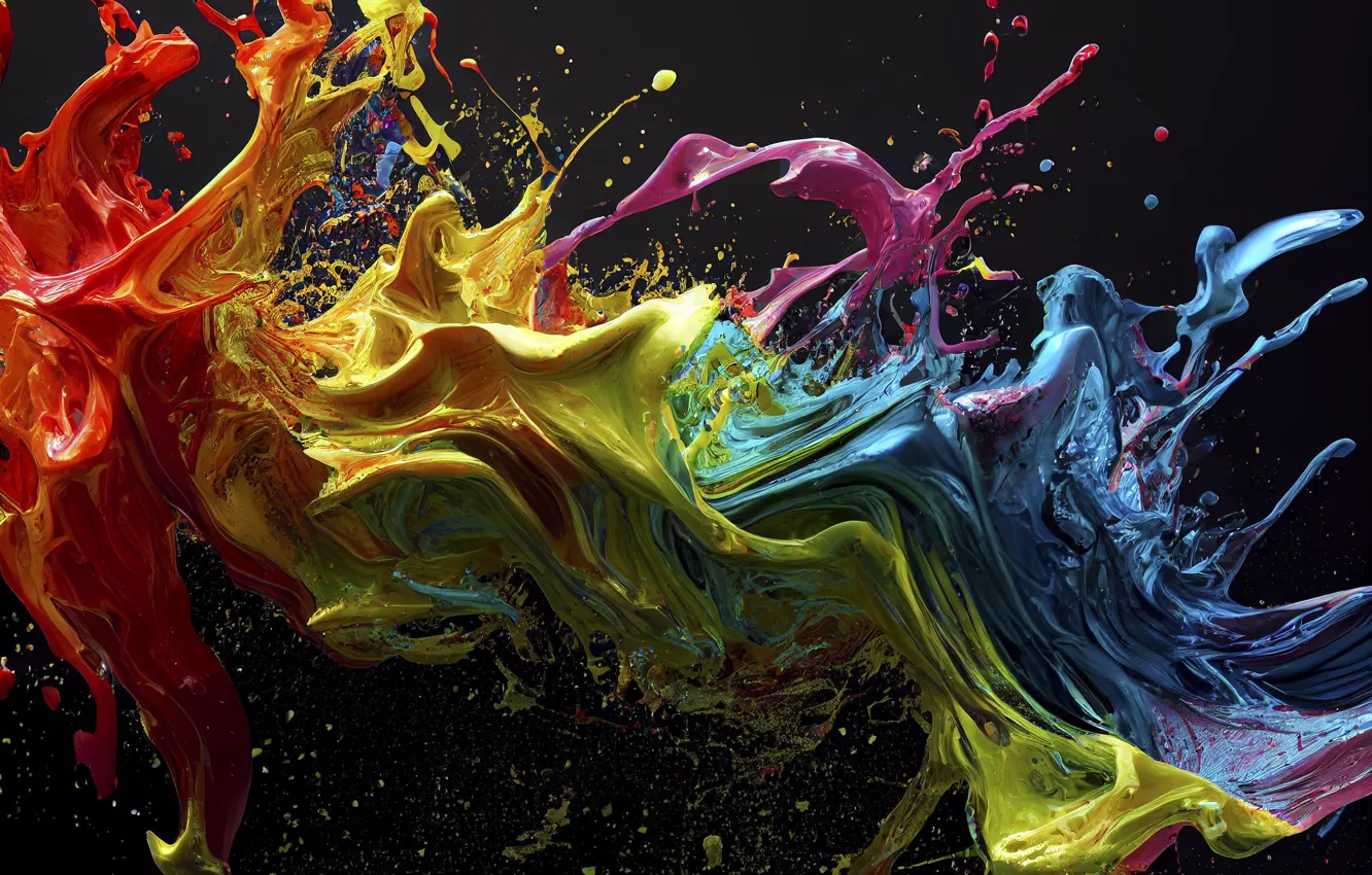 Фото обои волны, капли, брызги, синий, желтый, красный, темный фон, краски