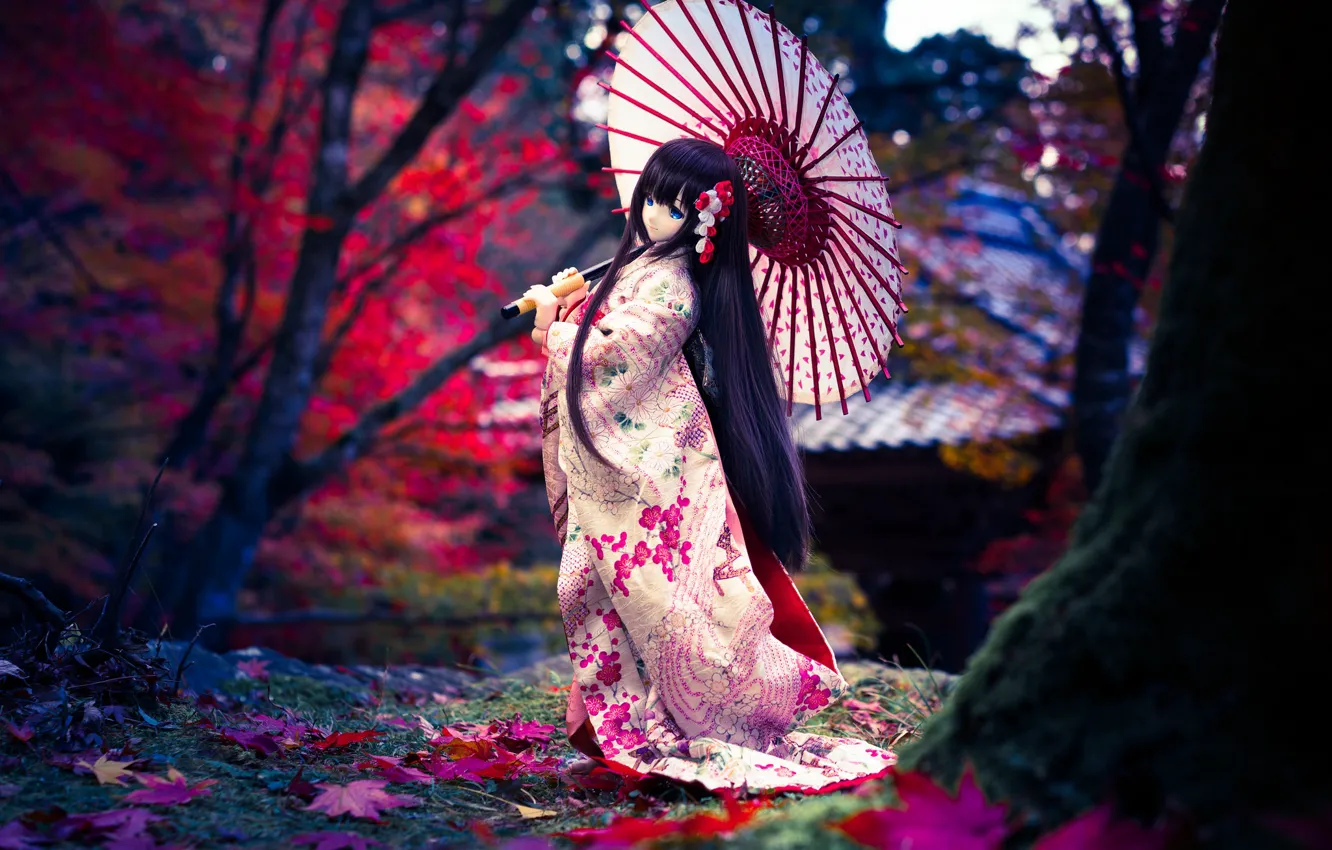 Фото обои зонтик, волосы, японка, кукла, кимоно
