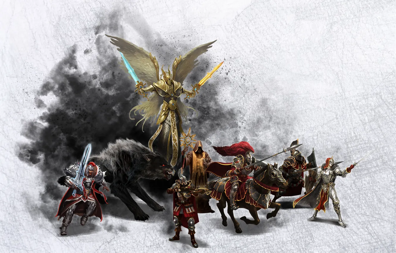 Фото обои Ангел, Люди, Волк, Боец, Стрелок, Всадник, Might &amp; Magic 7, Жрец
