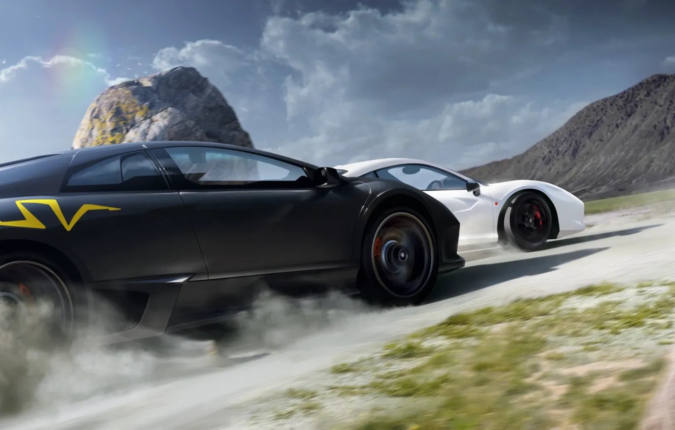 Фото обои дорога, машины, скалы, пыль, арт, гонки, lamborghini, ferrari