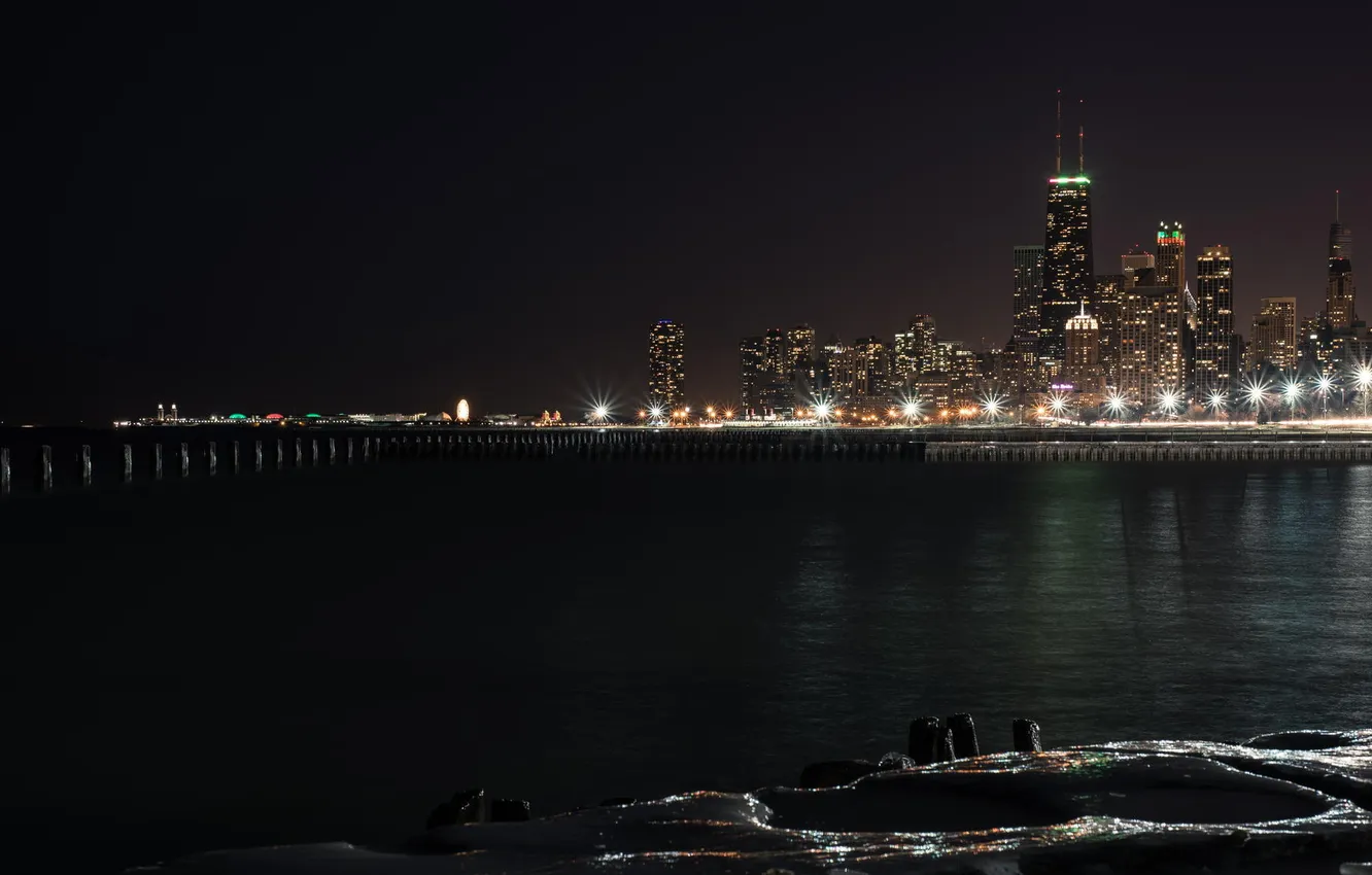 Фото обои ночь, огни, небоскребы, Чикаго, USA, Chicago, мегаполис, illinois