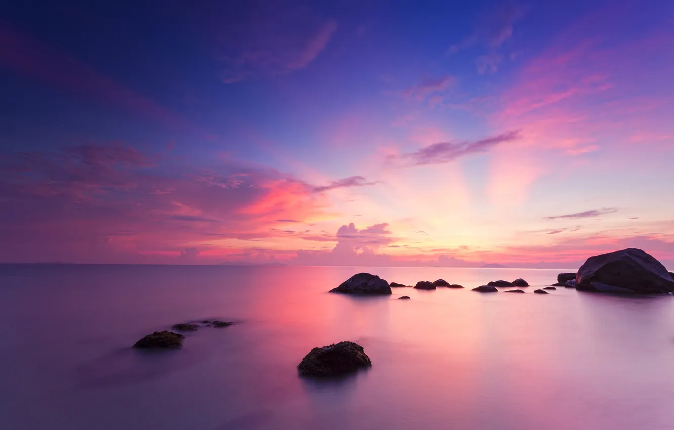 Фото обои море, небо, закат, камни