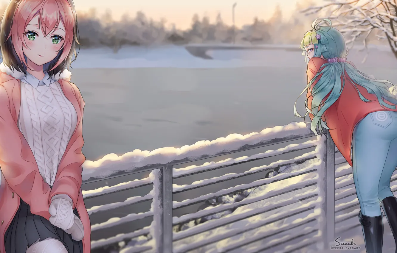 Фото обои зима, мост, девушки