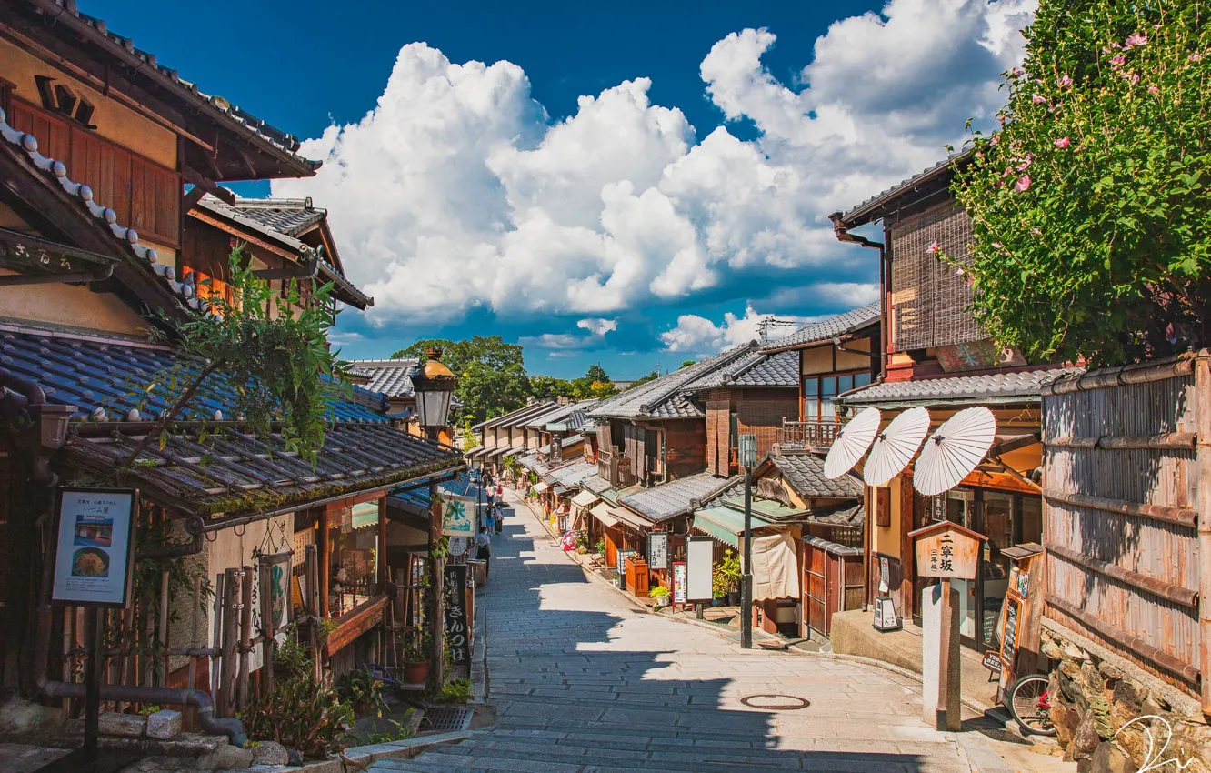 Фото обои Япония, Japan, Kyoto, летний день, городская улица, деревянные дома