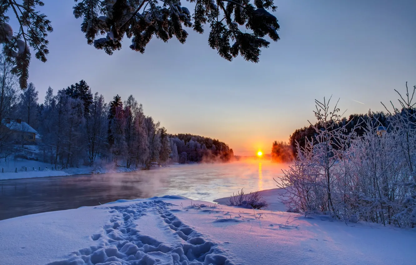 Фото обои зима, небо, облака, снег, пейзаж, закат, природа, река