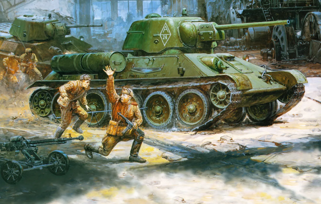 Фото обои рисунок, ссср, солдаты, вторая мировая война, РККА, средний танк, ДШК, Т-34/76