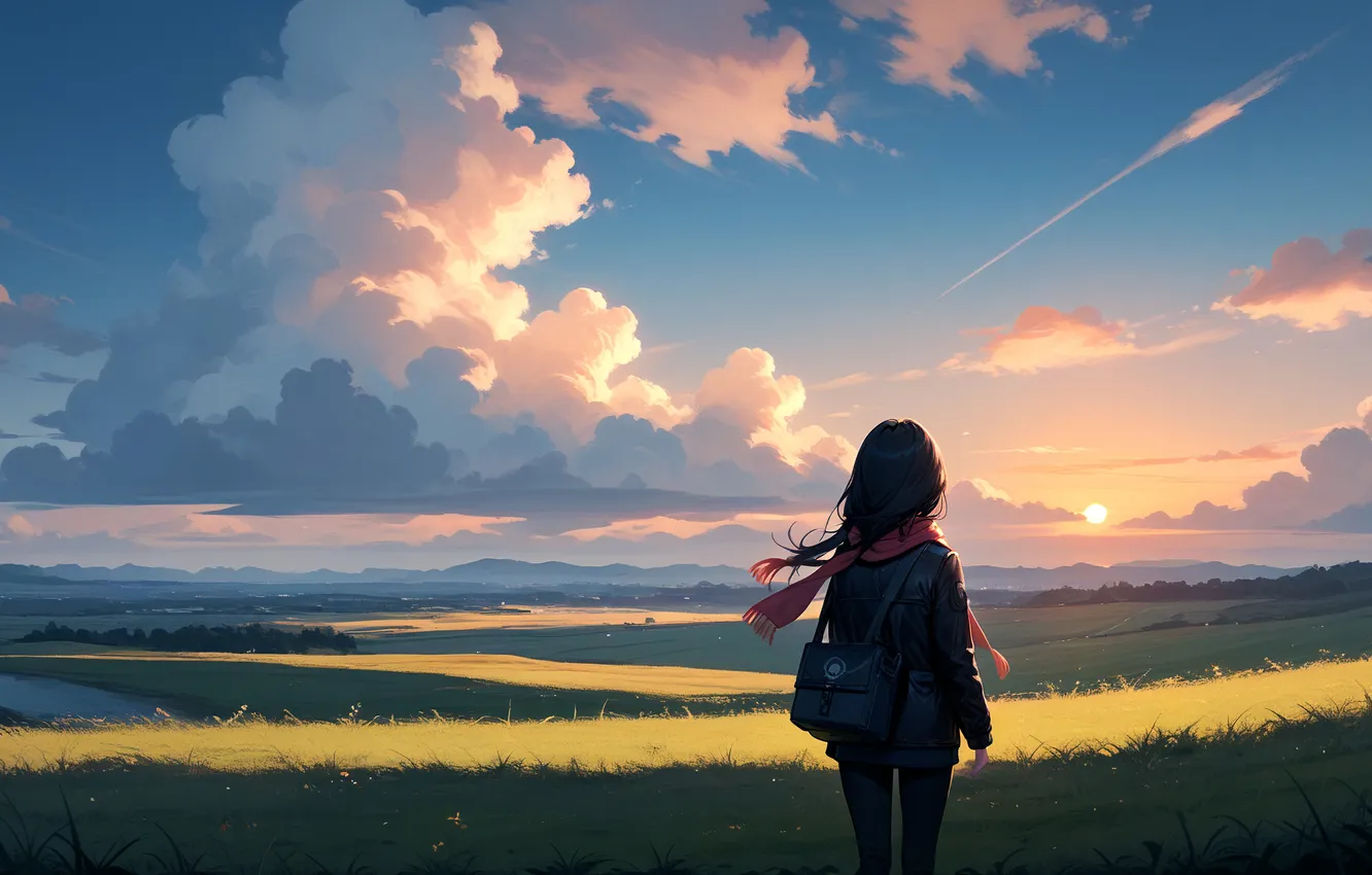 Фото обои girl, river, sky, landscape, sunset, mountains, clouds, sun