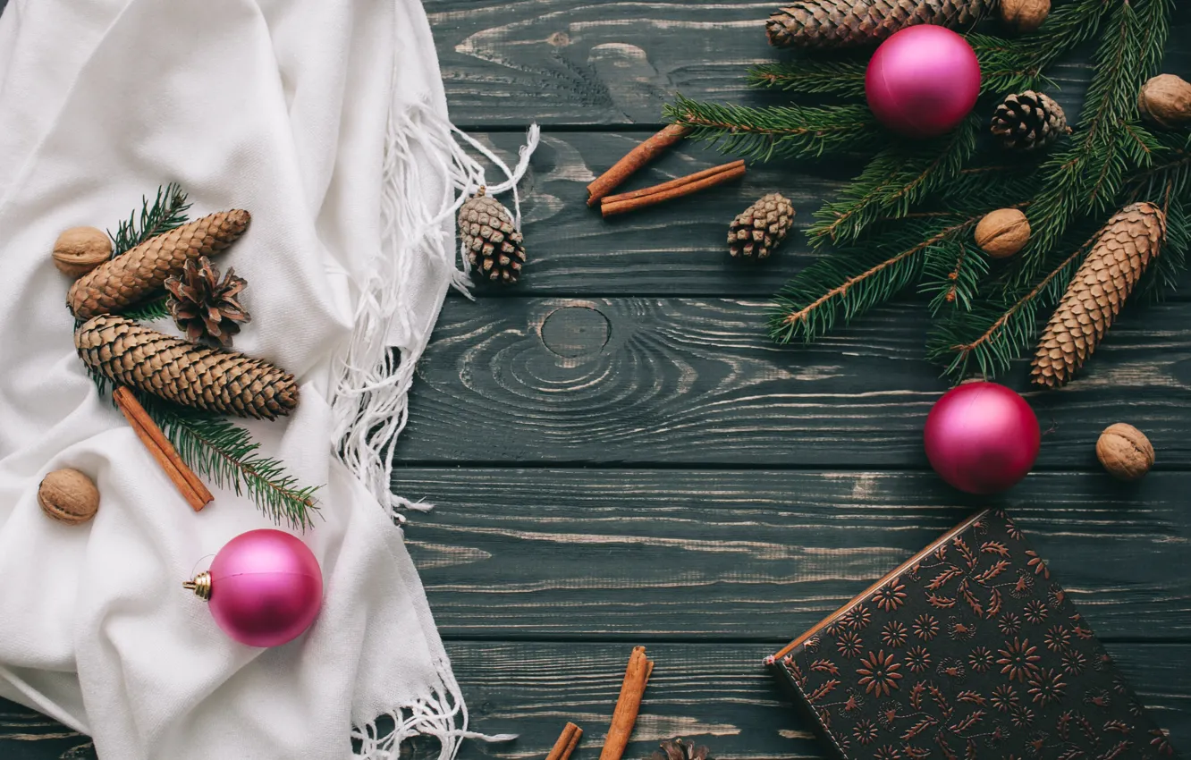 Фото обои украшения, шары, Новый Год, Рождество, Christmas, balls, шишки, wood