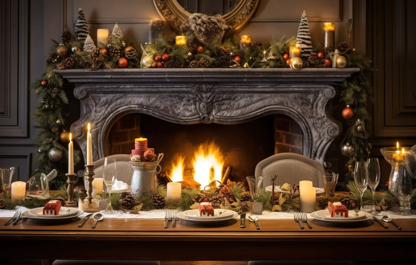 Фото обои украшения, стол, комната, шары, елка, интерьер, Новый Год, Рождество