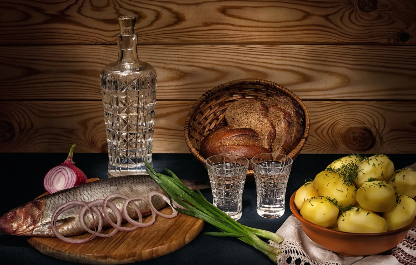 Фото обои vodka, onion, appetizer, potatoes, herring