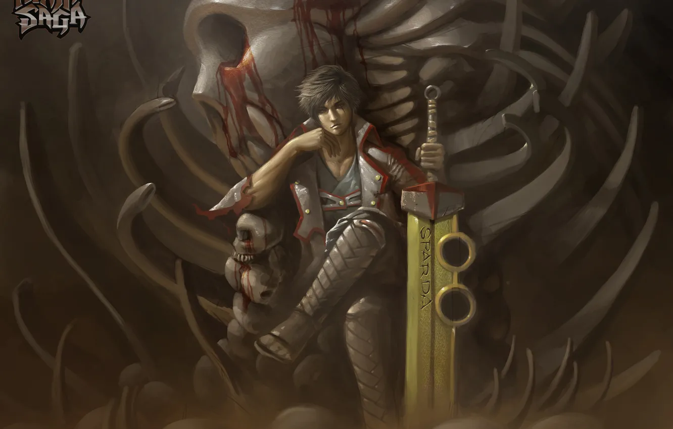 Фото обои кровь, меч, кости, скелет, парень, anime, art, ninja saga