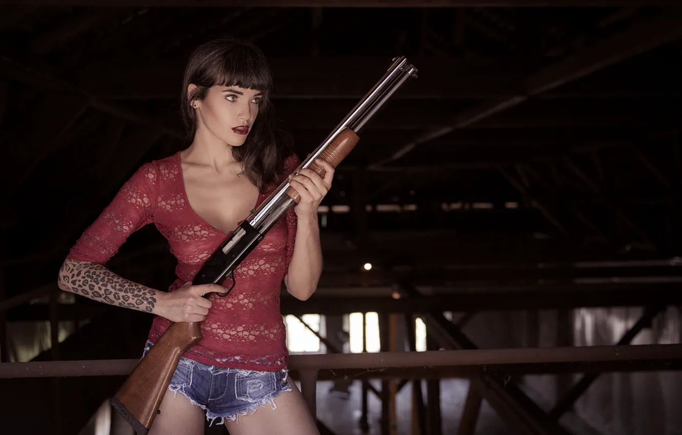 Фото обои девушка, оружие, ружьё