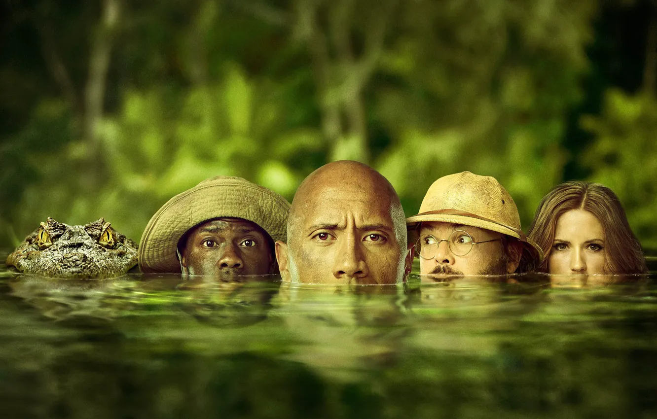 Фото обои зелень, вода, крокодил, джунгли, фэнтези, приключения, постер, Дуэйн Джонсон