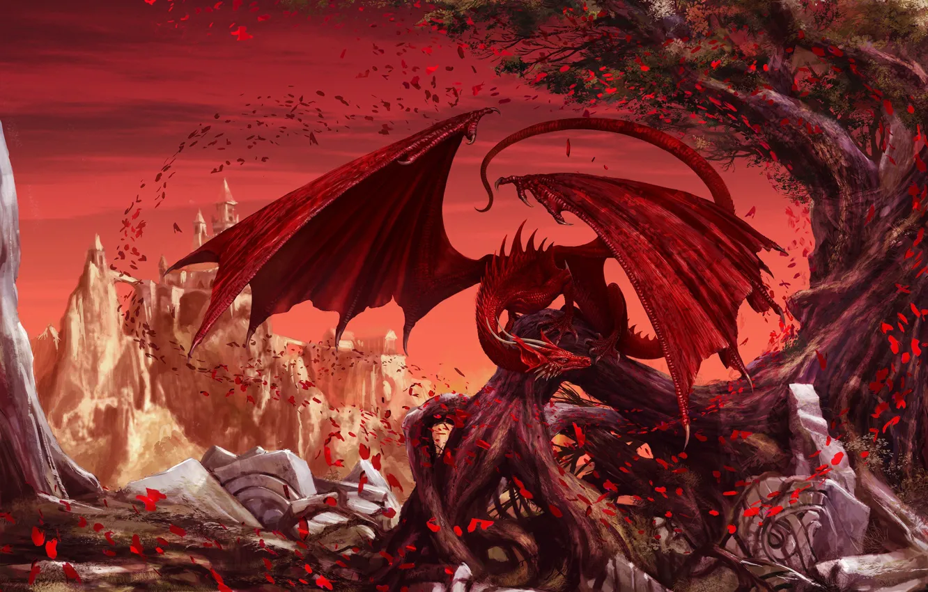 Фото обои Красный, Листья, Крылья, Fantasy, Dragon, Art, Фантастика, Illustration