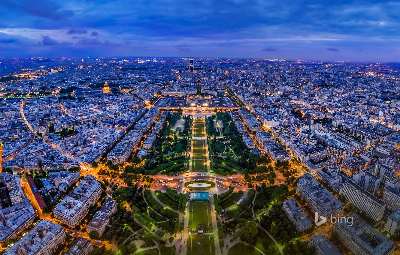 Фото обои ночь, огни, Франция, Париж, панорама, вид с Эйфелевой башни