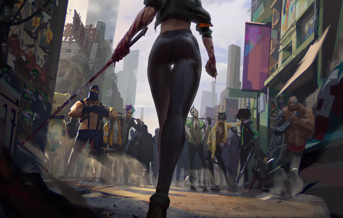 Фото обои future, blood, cyberpank, sity, girl art, peakpx