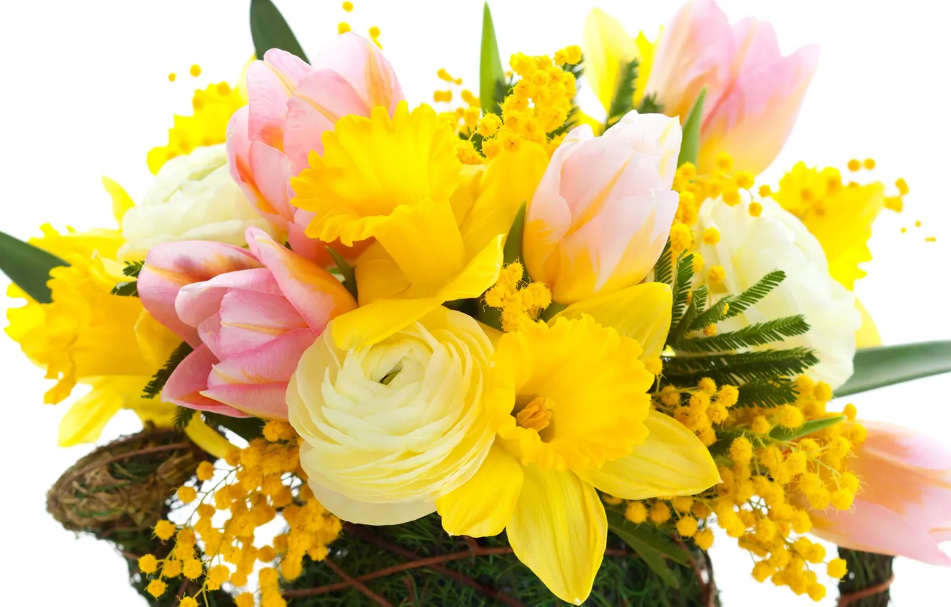 Фото обои листья, цветы, красота, букет, лепестки, тюльпаны, розовые, yellow