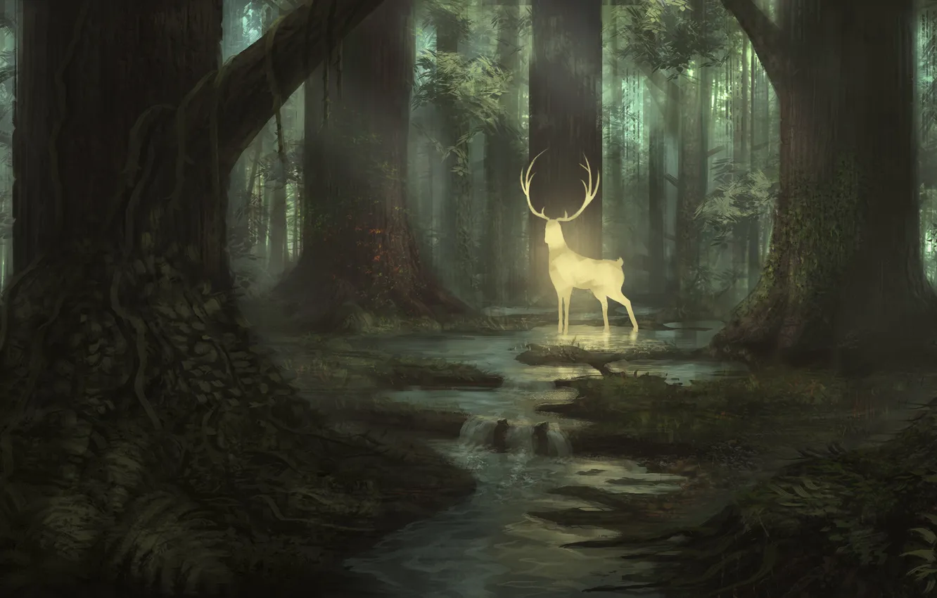 Фото обои лес, животное, олень, арт, рога