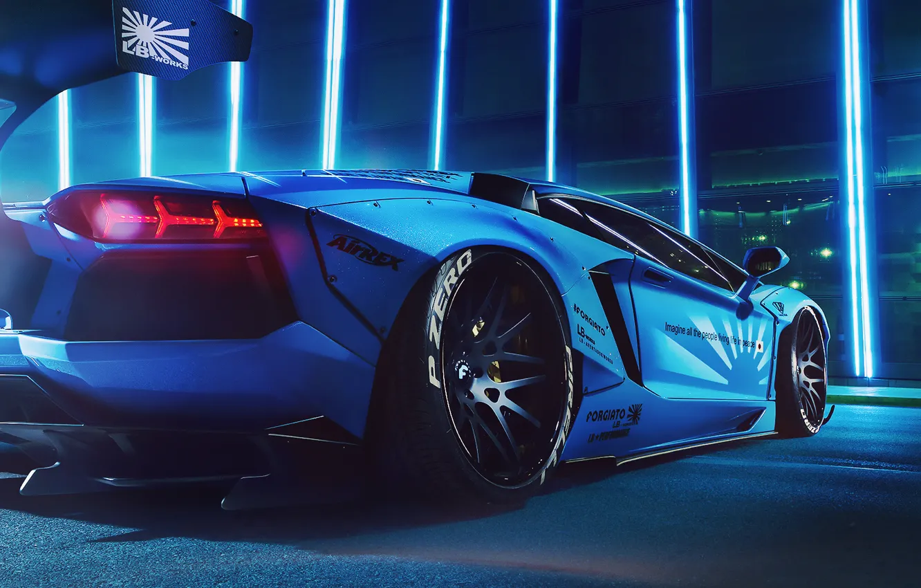 Фото обои lights, Lamborghini, Blue, LP700-4, Aventador, Liberty Walk