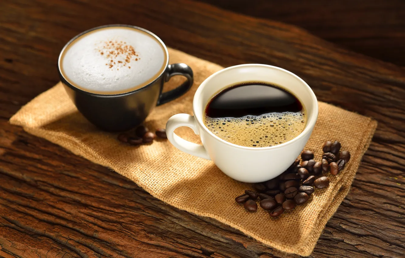 Фото обои кофе, напиток, Чашки, кофейные зёрна, Капучино
