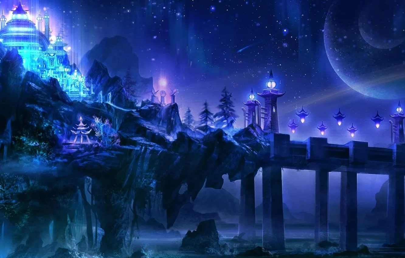 Фото обои звезды, мост, сияние, река, замок, скалы, Ночь, фонари