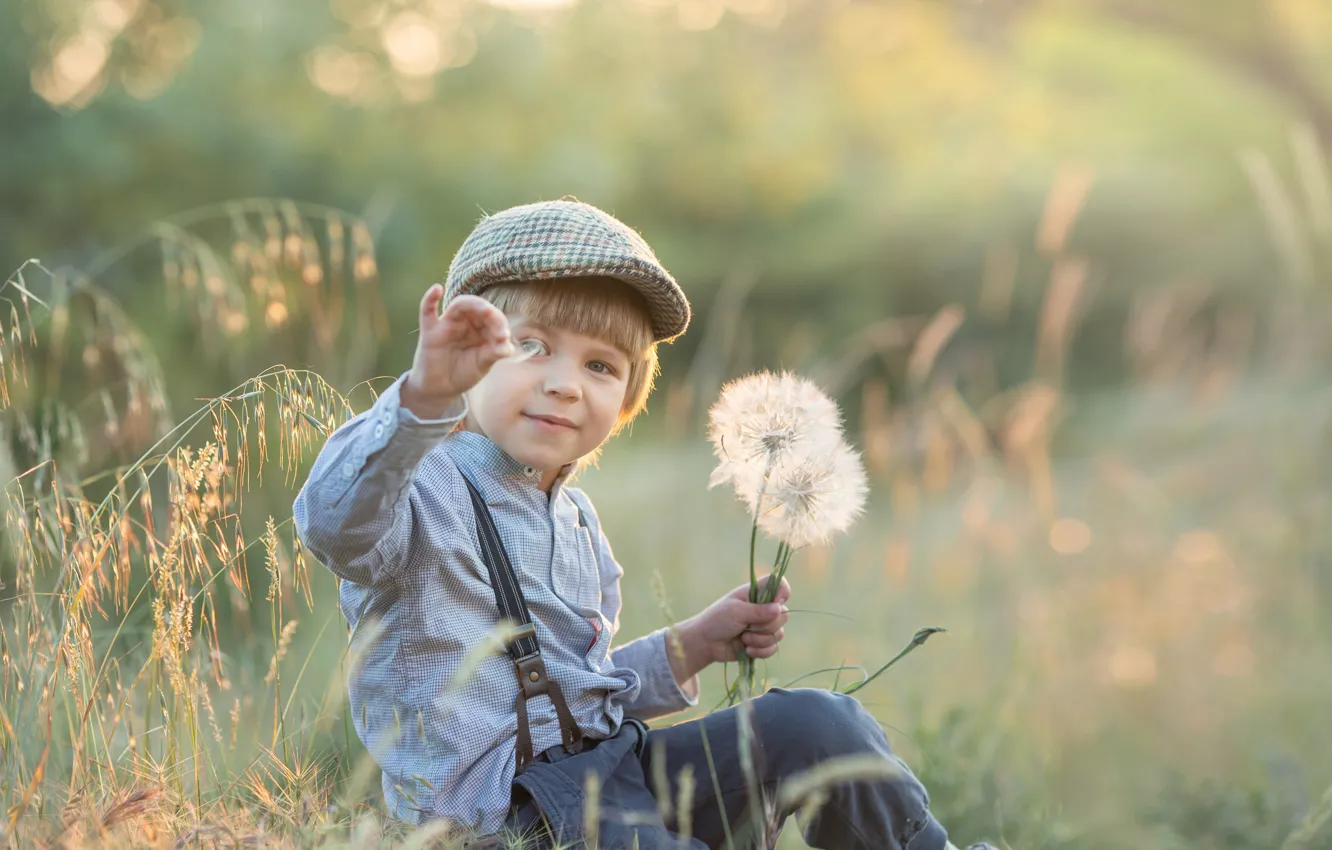 Фото обои природа, мальчик, травы, одуванчики, ребёнок, Ольга Селезнёва