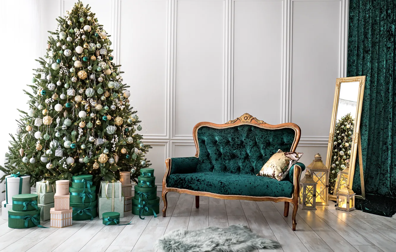 Фото обои диван, дерево, интерьер, Дом, зеркало, Звезда, Рождество, подарки