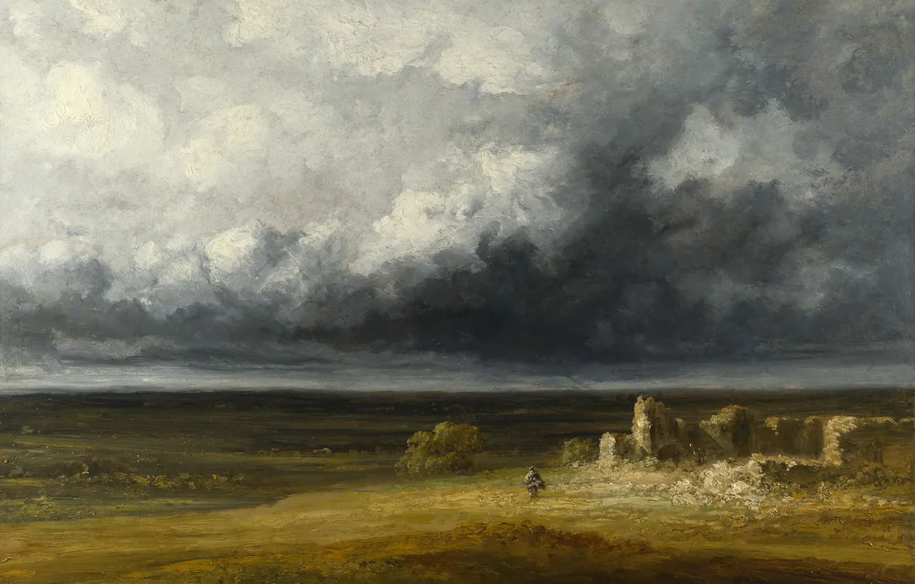 Фото обои тучи, буря, картина, Жорж Мишель, Georges Michel, Штормовой пейзаж с руинами на равнине