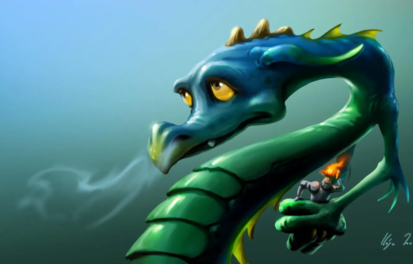 Фото обои взгляд, морда, зеленый, огонь, дракон, доспехи, арт, шлем