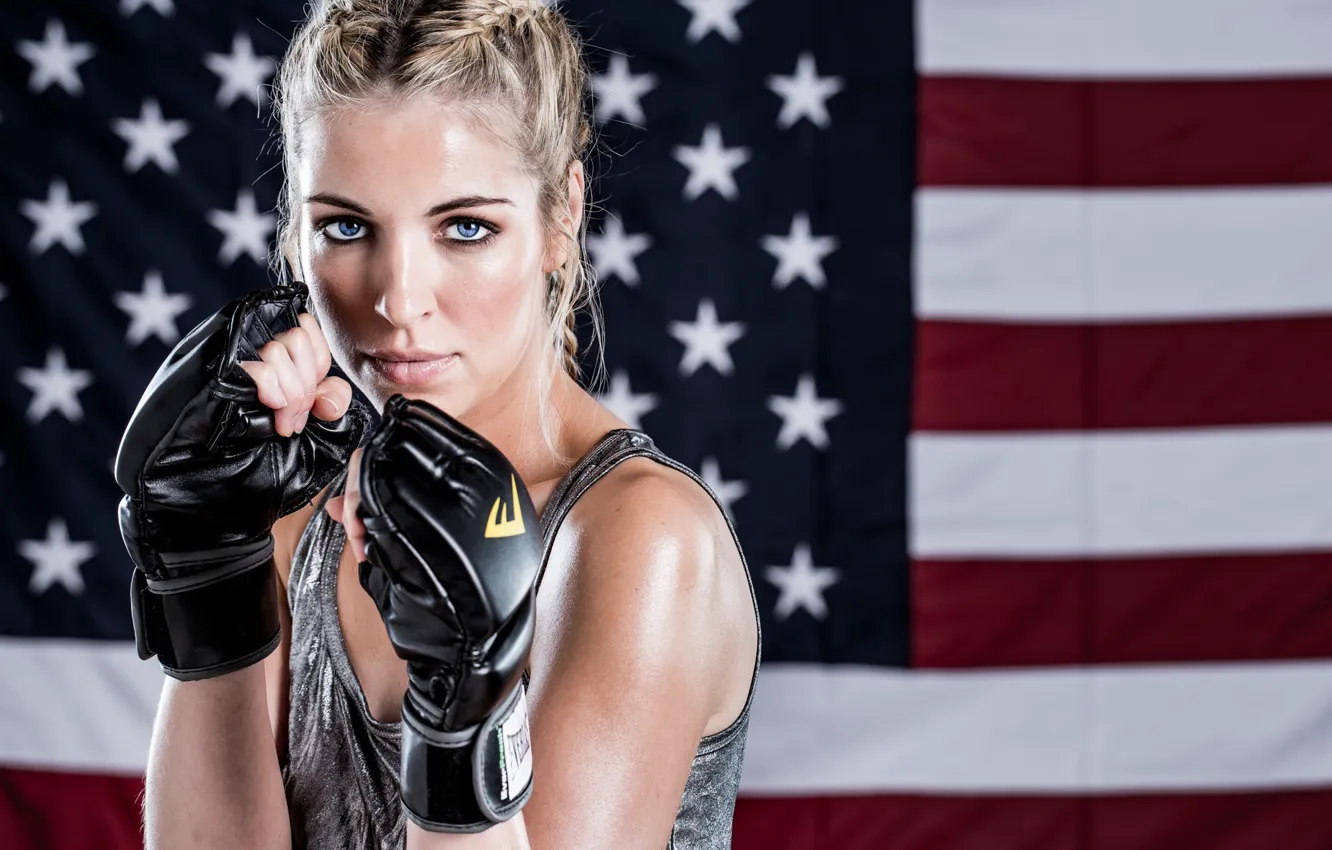 Фото обои blonde, American flag, martial arts pose