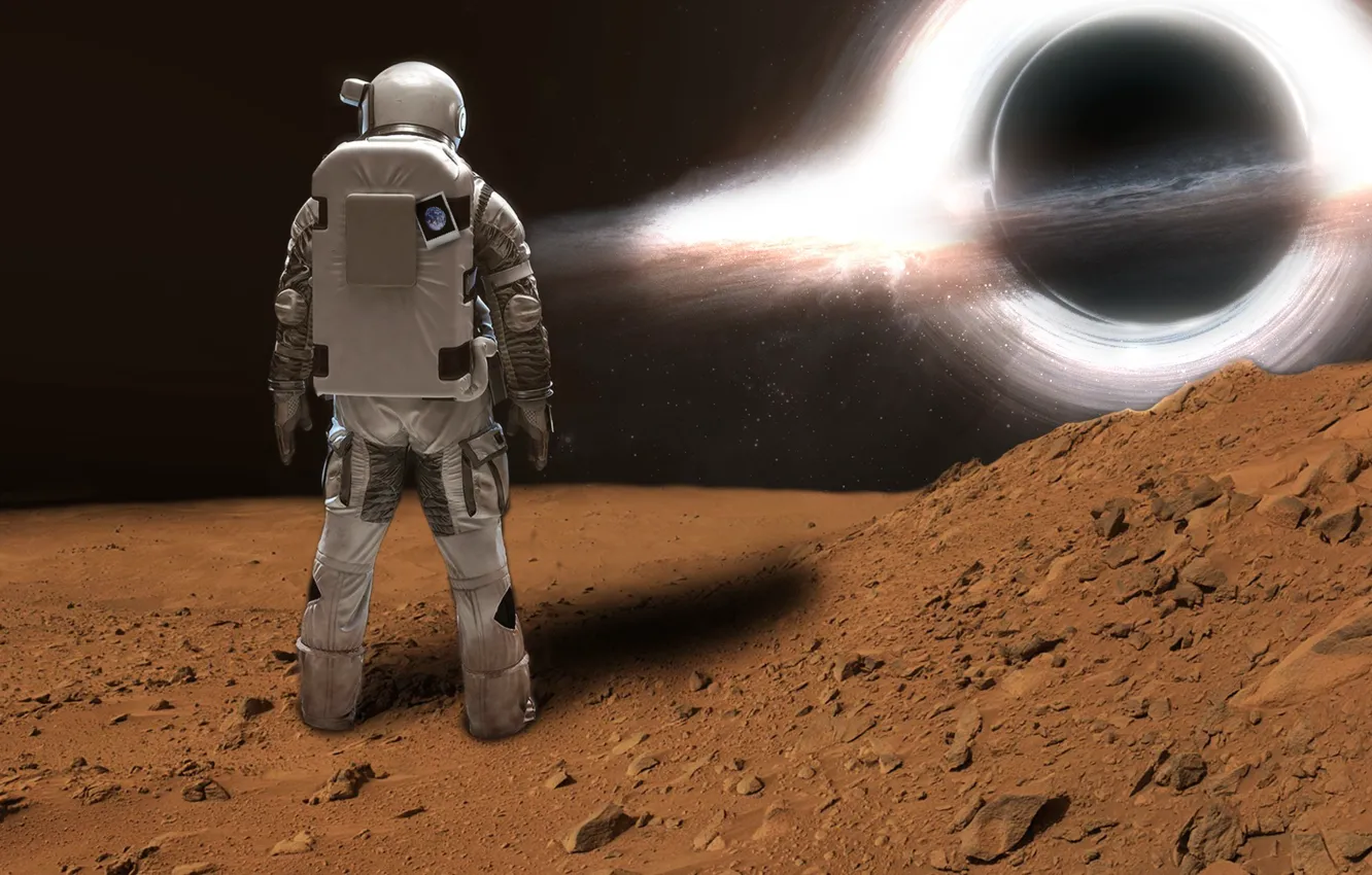 Фото обои космос, поверхность, планета, костюм, черная дыра, астронавт