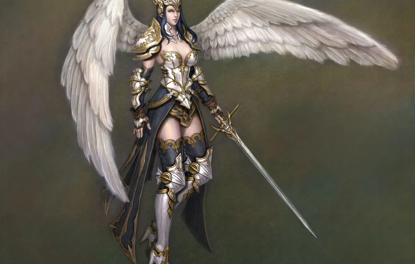 Фото обои девушка, фон, крылья, ангел, меч, арт, доспех