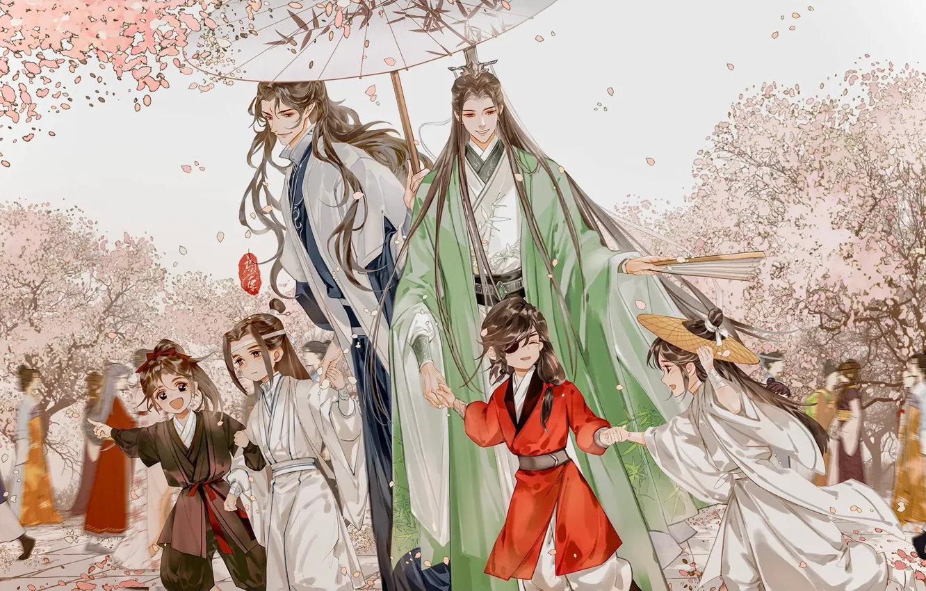 Фото обои дети, прогулка, цветение, мужчины, вишни, Mo Dao Zu Shi, Wangji Lan, Wuxian Wei
