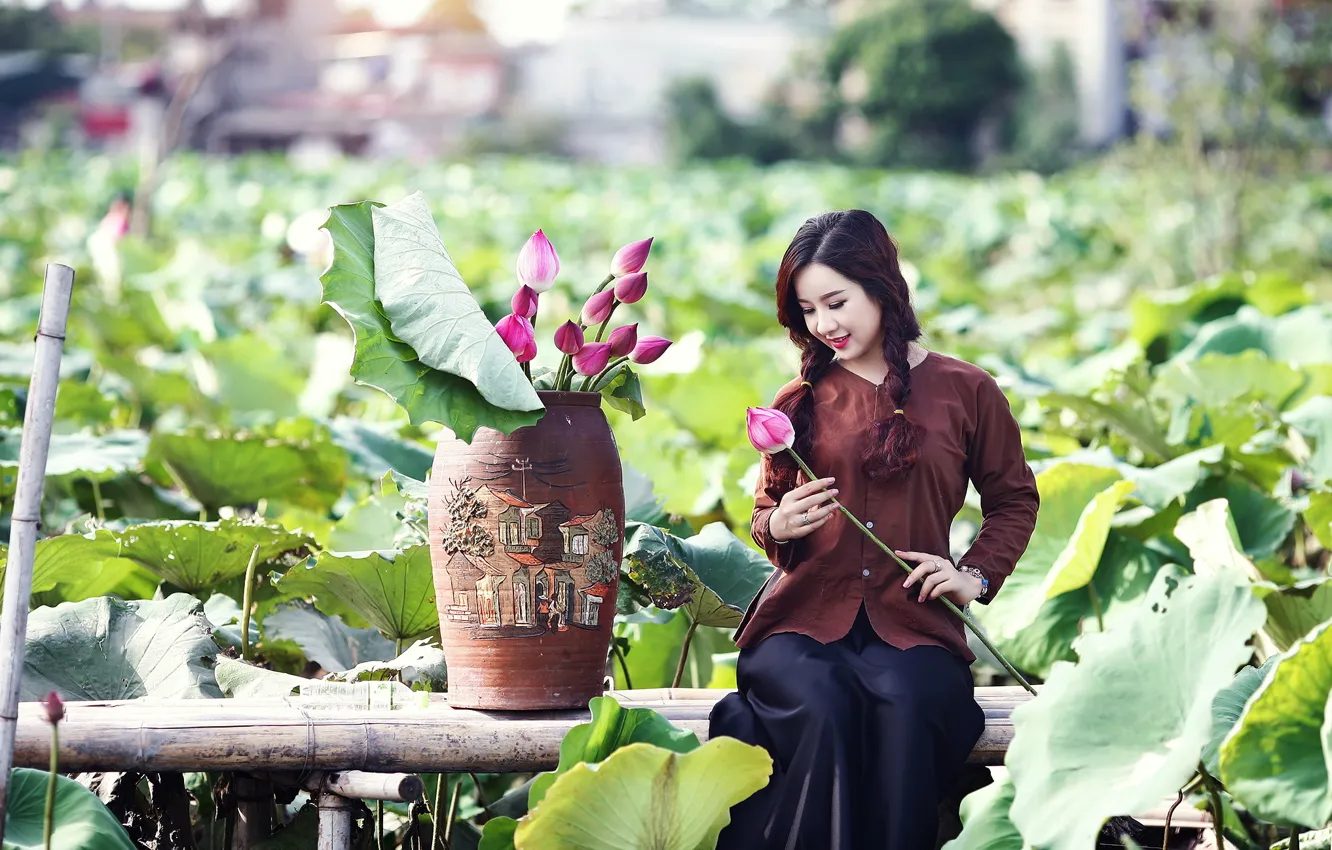 Фото обои девушка, цветы, природа