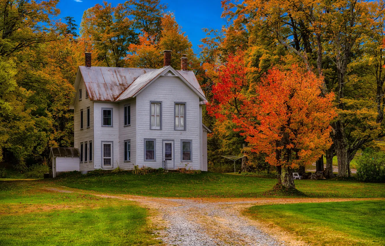 Фото обои дорога, осень, трава, деревья, дом, Нью-Йорк, США, особняк