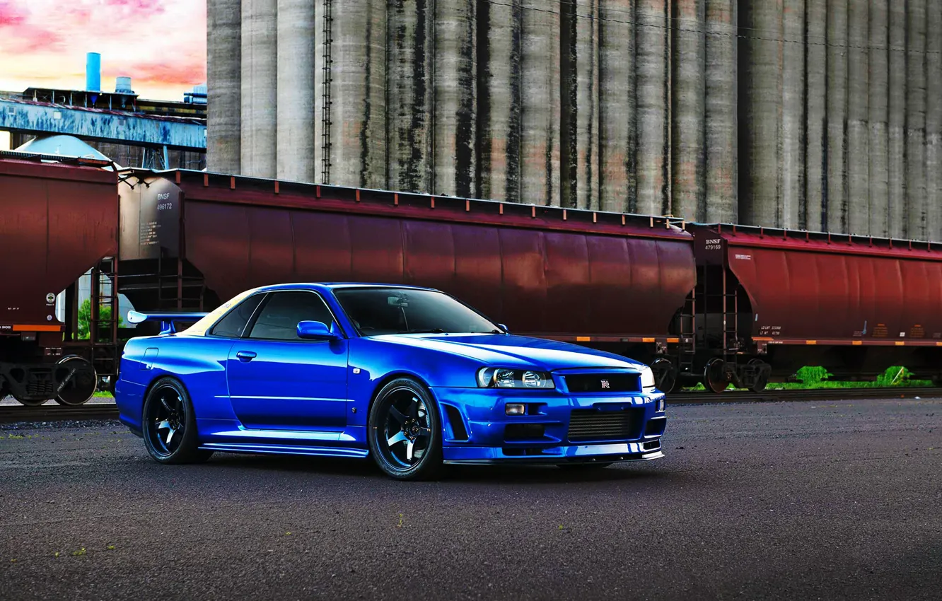 Фото обои nissan, skyline, blue, r34