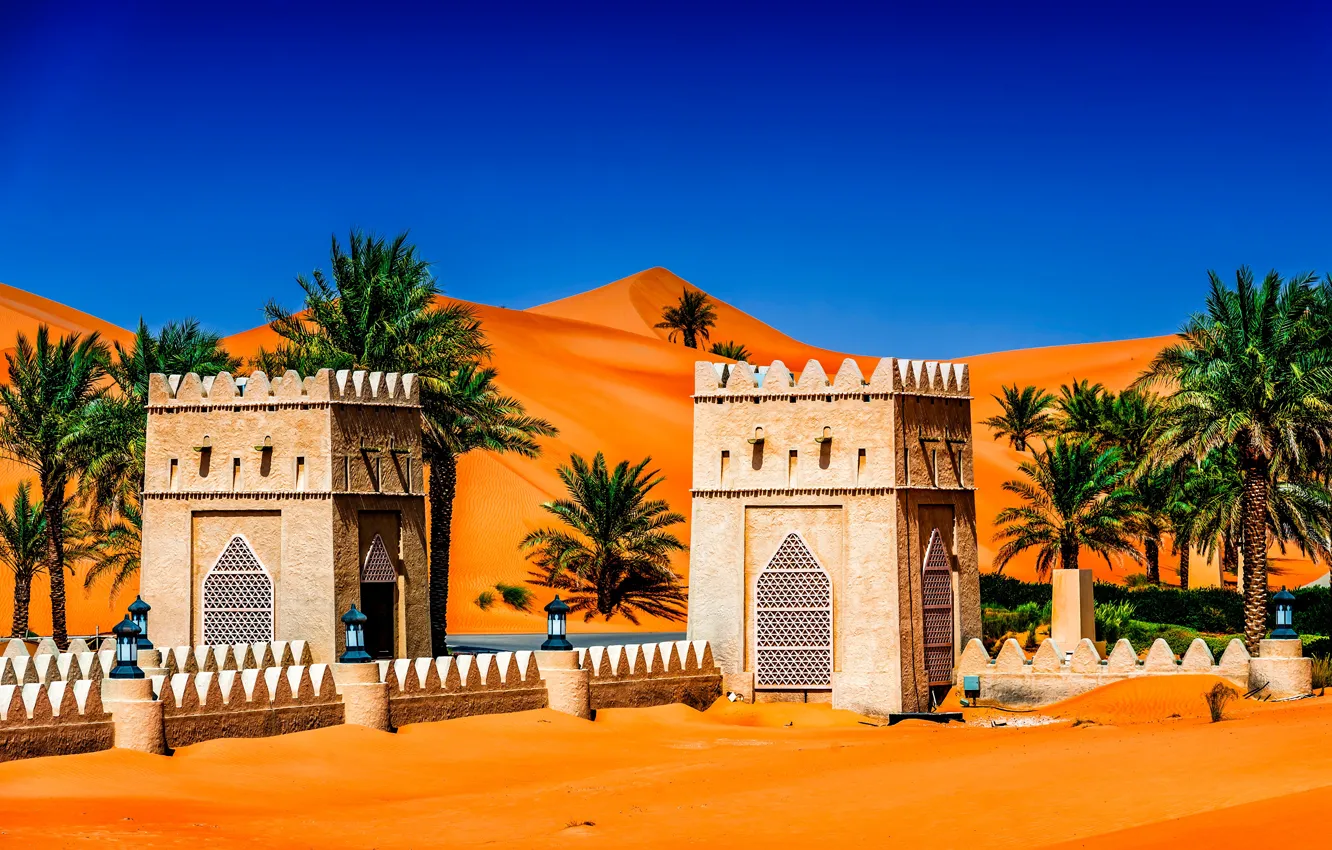 Фото обои песок, небо, солнце, барханы, пальмы, Abu Dhabi, ОАЭ